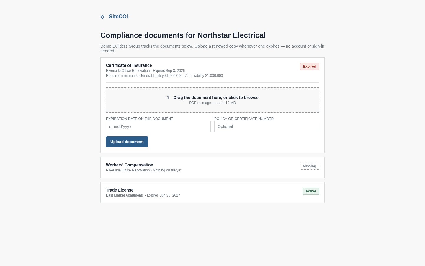 Self-service upload portal showing an expired certificate upload area and requested documents